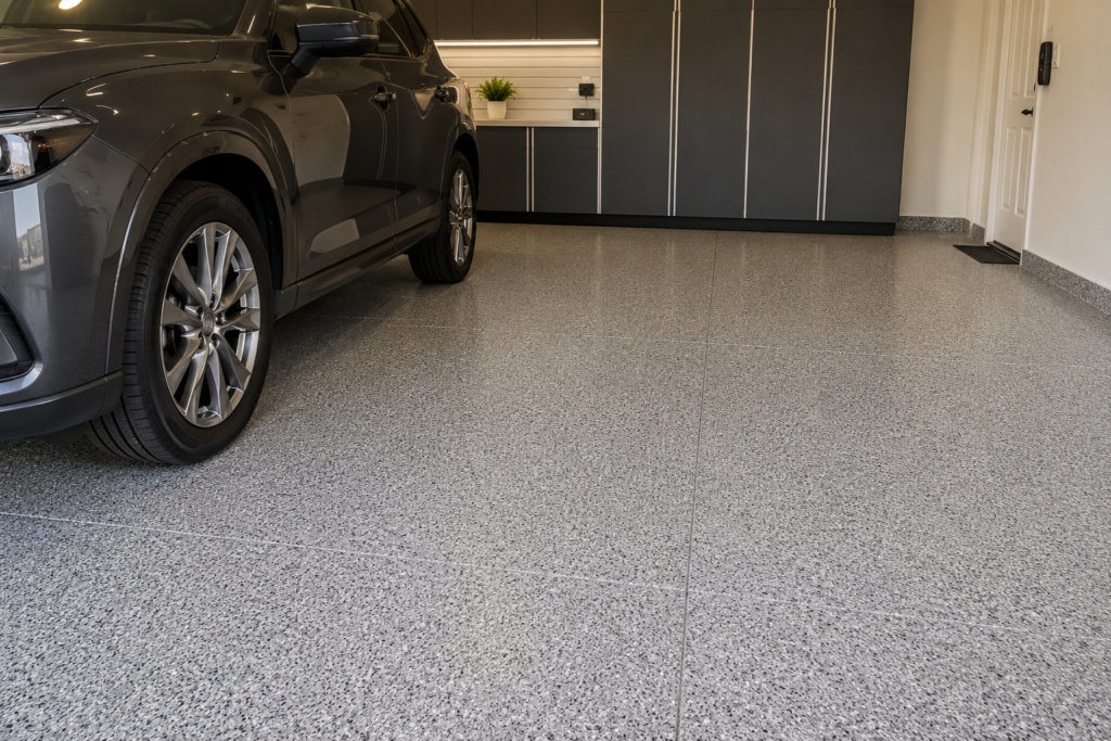 Finished Garage Floor Epoxy Coating in [Location] home by Perth Epoxy Group with flake flooring finish